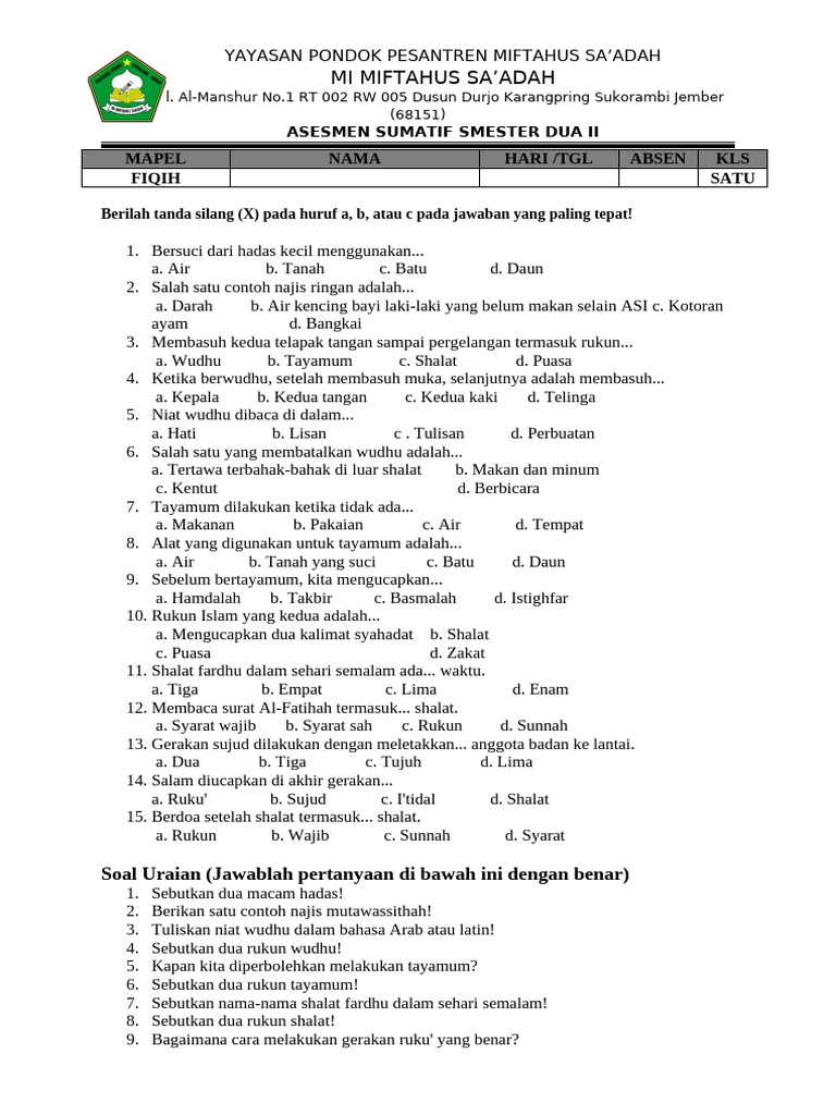 Soal Fiqih Kelas 1 PDF