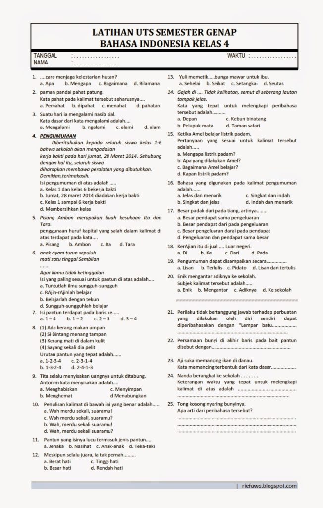 3 Rahasia Kisi-Kisi Soal Bahasa Indonesia Semester 1 Kelas 4 SD yang Wajib Diketahui Guru dan Orang Tua 3 Rahasia Kisi-Kisi Soal Bahasa Indonesia Semester 1 Kelas 4 SD yang Wajib Diketahui Guru dan Orang Tua