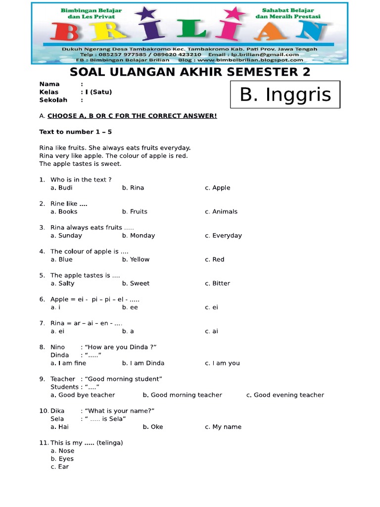 5 Contoh Soal Ujian Bahasa Inggris Kelas 3 SD Semester 1 yang Bikin Anak Paham