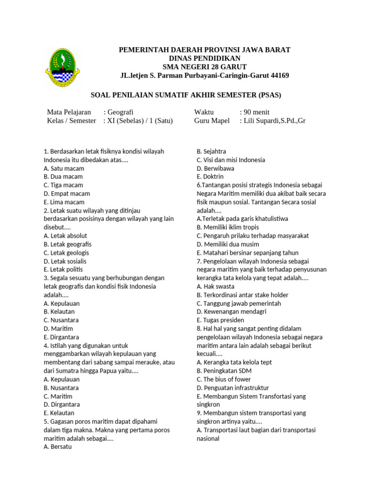 Soal Geografi Kelas XI PSAS Semester 1 PDF