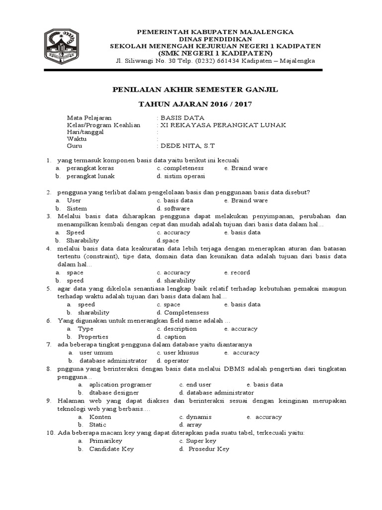 7 Rahasia Contoh Soal Ujian Basis Data Kelas 3 SMK Semester 1 yang Wajib Tahu