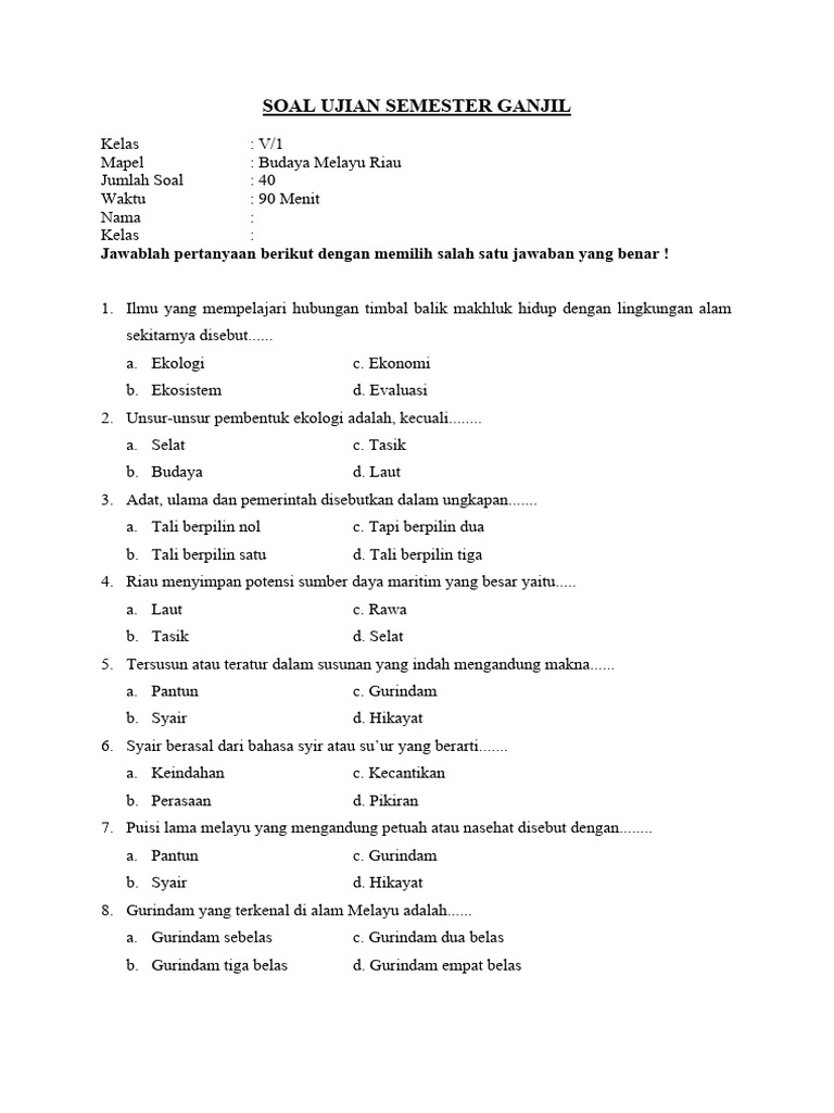 7 Rahasia Contoh Soal Ujian Budaya Melayu Riau Kelas 5 Semester 1 yang Wajib Tahu
