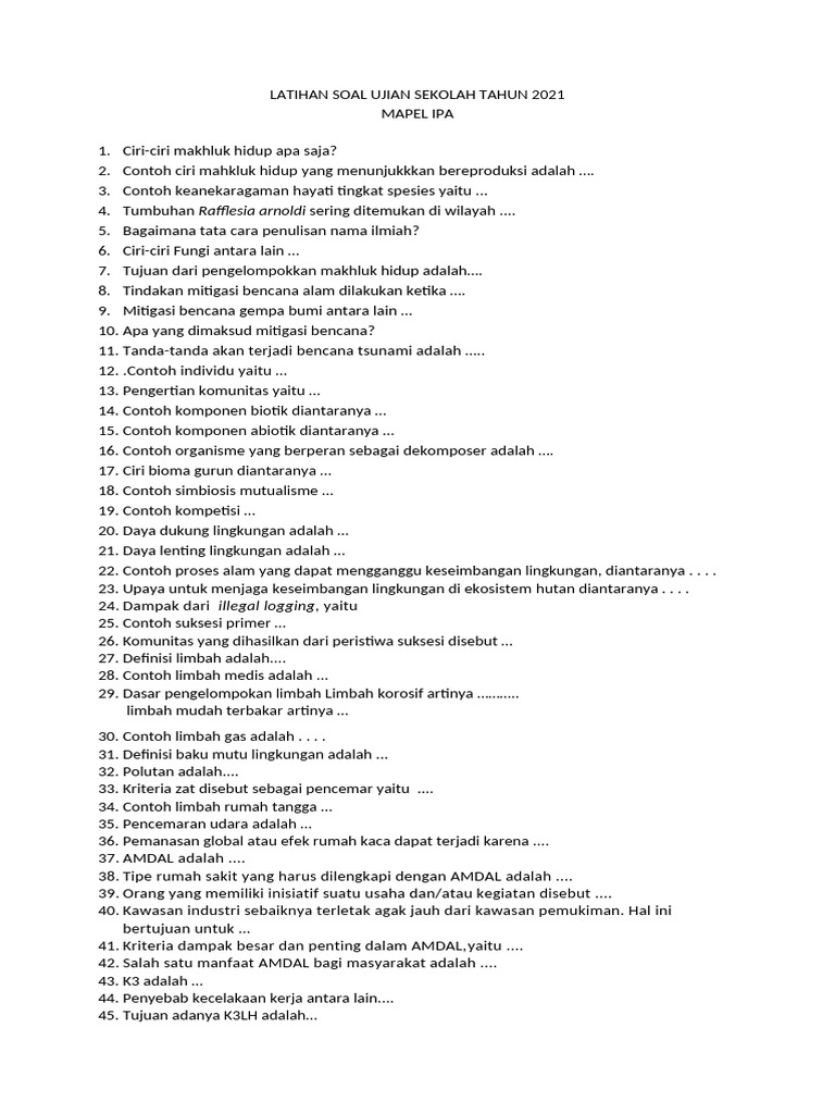 Latihan Soal Ujian Sekolah Ipa Tahun 2021 PDF