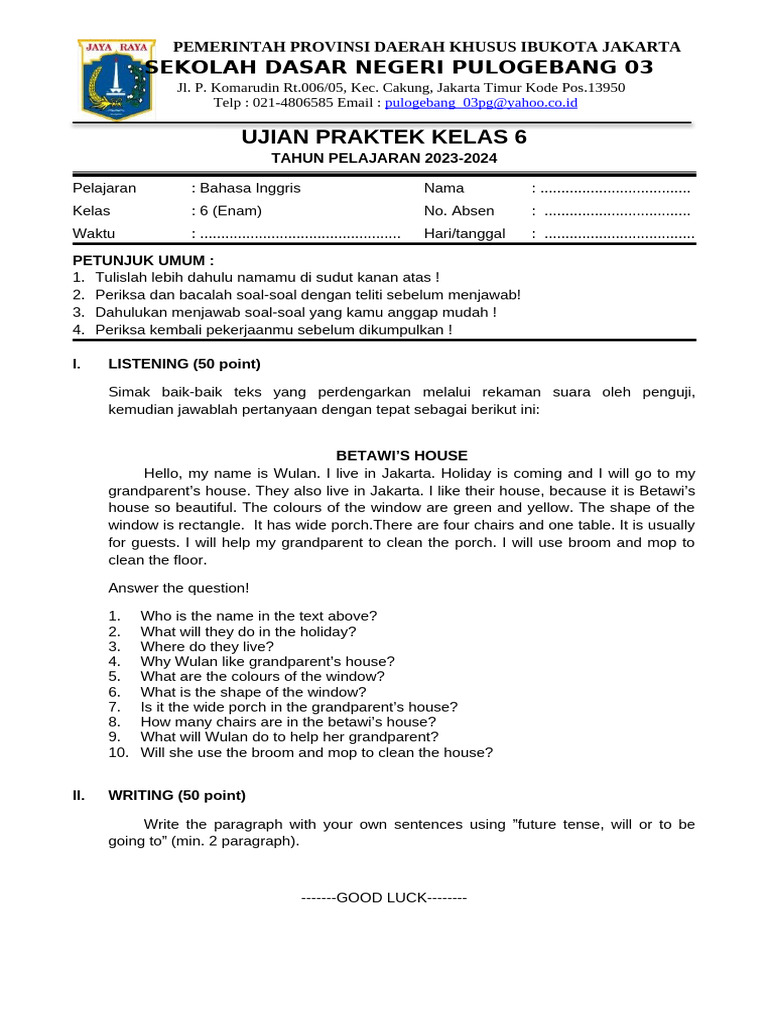 Ujian Praktik Bahasa Inggris Kelas 6 PDF