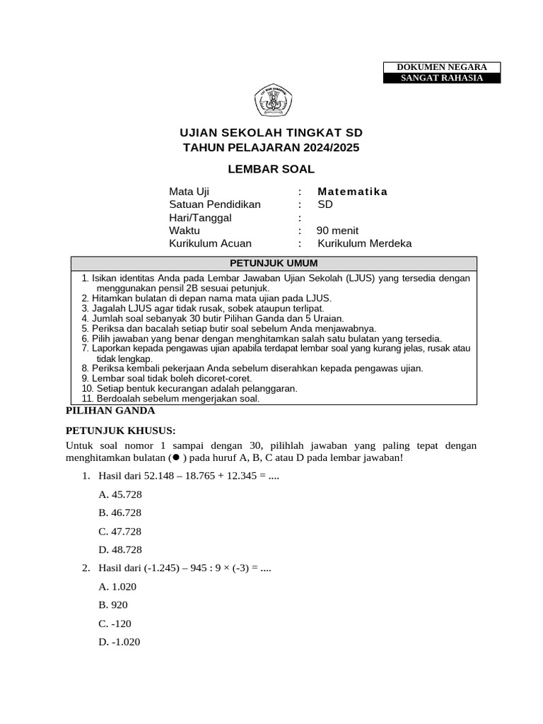 Soal Ujian Matematika Kelas 6 2024 2025 PDF Soal Ujian Matematika Kelas 6 2024 2025 PDF