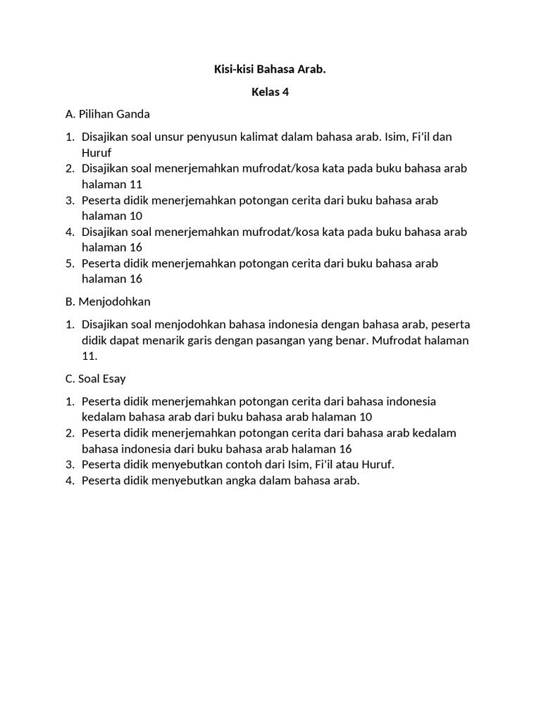 Kisi-kisi Ujian Bahasa Arab Kelas 4 PDF Kisi-kisi Ujian Bahasa Arab Kelas 4 PDF