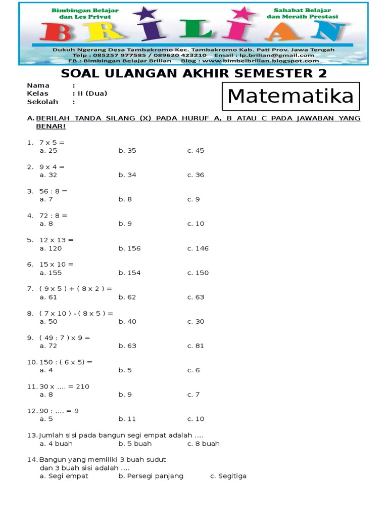 Menyongsong Akhir Tahun Pelajaran Contoh Soal Ujian Akhir Kelas 2 SD Menyongsong Akhir Tahun Pelajaran Contoh Soal Ujian Akhir Kelas 2 SD