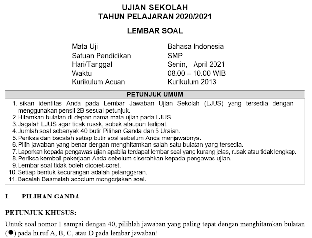 Soal dan Kunci Jawaban Ujian Sekolah Bahasa Indonesia SMP Tahun