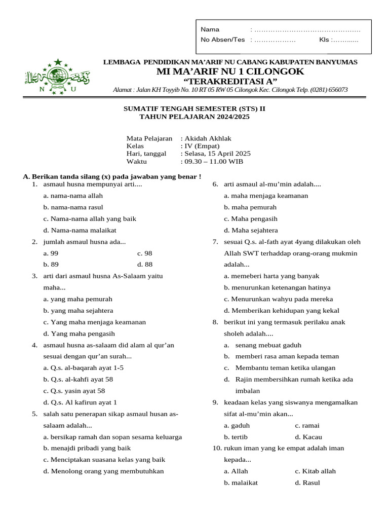 Rahasia Skor Sempurna Kerjakan Soal Akidah Akhlak Kelas 4 MI Semester 2 K13 Sekarang