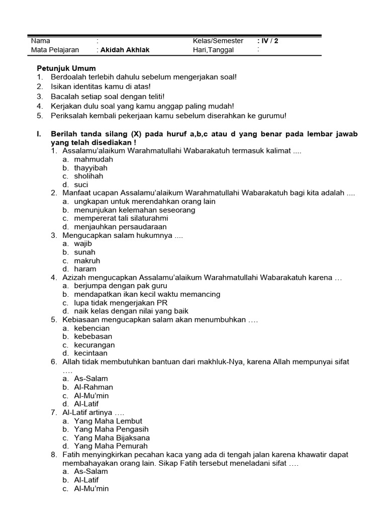 Rahasia Skor Tinggi Lulus Soal Akidah Akhlak Kelas 4 MI Semester 2 Yang Wajib Tahu