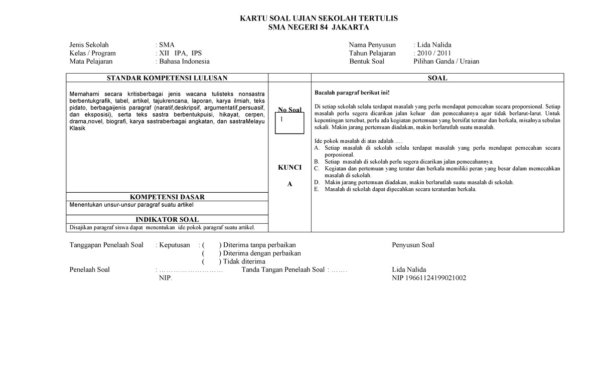 Kartu Soal Ujian Sekolah Tertulis - XII IPA IPS - Bahasa Indonesia