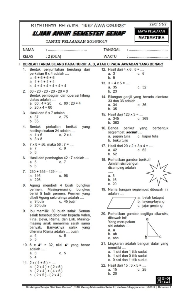 Ternyata 5 Soal Matematika Kelas 2 Semester 1 PDF Ini Paling Sering Keluar Ternyata 5 Soal Matematika Kelas 2 Semester 1 PDF Ini Paling Sering Keluar
