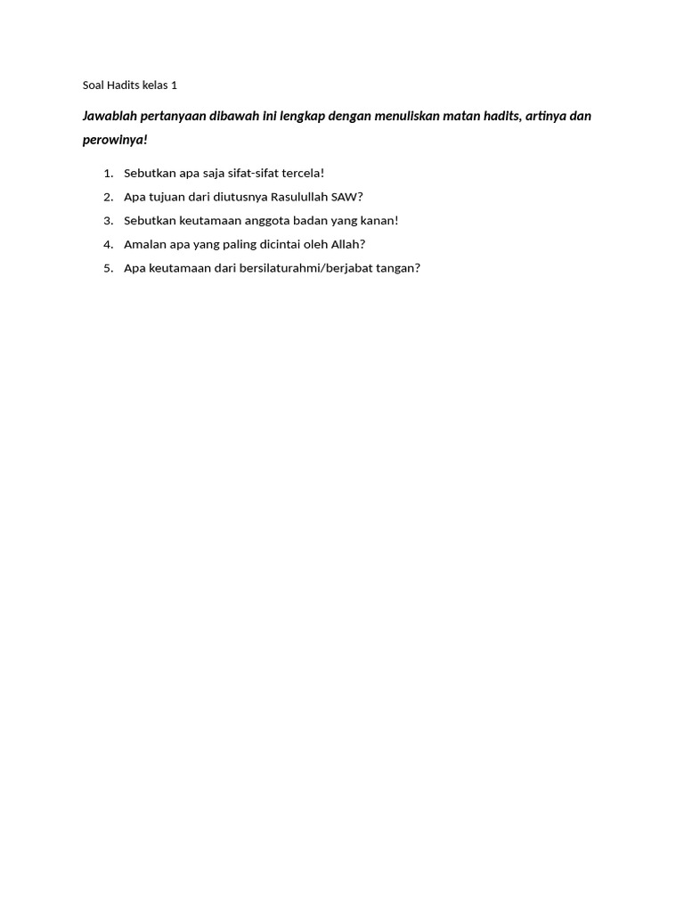 Soal Hadits Kelas 1 2024 PDF