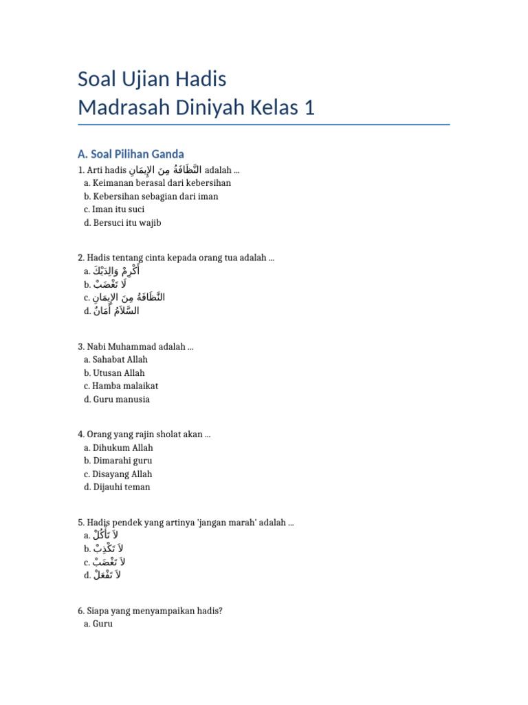 Ternyata Hanapi Bani Bagikan 5 Contoh Soal Hadits Kelas 1 MDT Paling Akurat