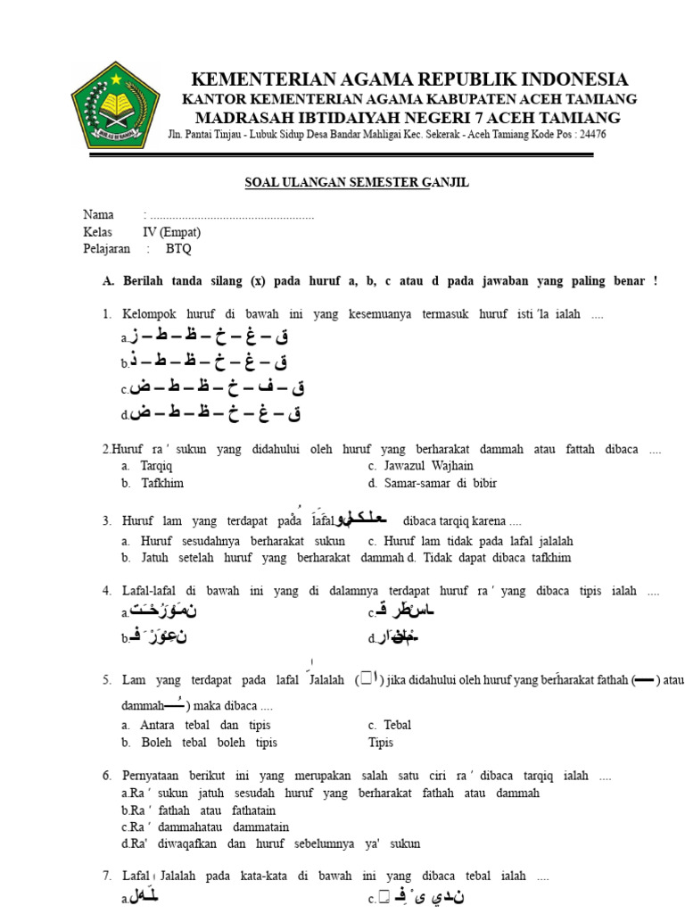 Soal Ulangan BTQ Kelas IV MI Negeri 7 PDF