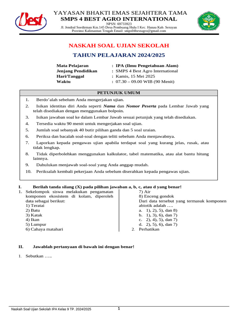 Kop Soal Ujian Sekolah Kelas 9 Th 2025 PDF