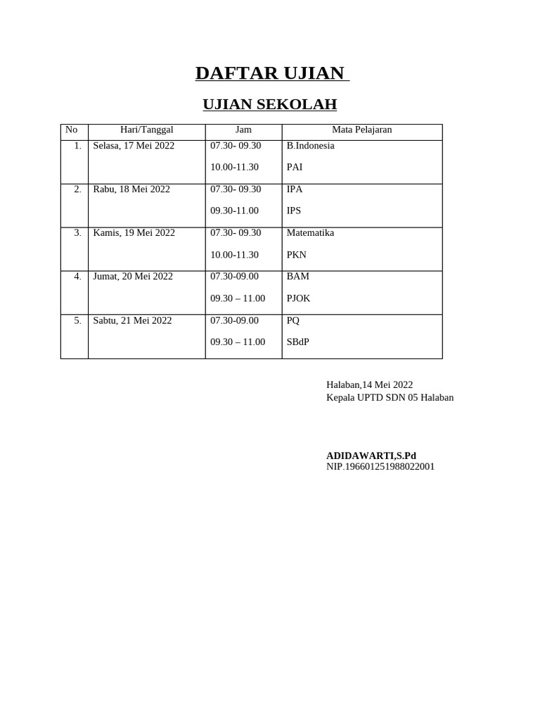 Jadwal Ujian Sekolah Mei 2022 PDF