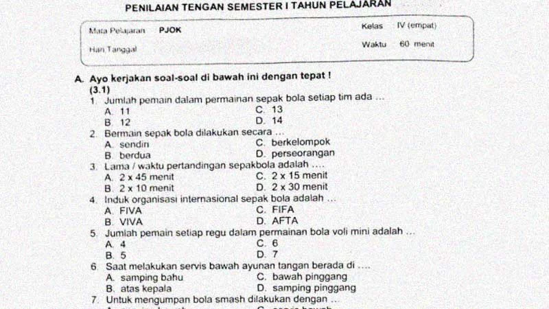 Wajib Tahu Soal Penjaskes Kelas 4 PTS 1 dan Kunci Jawaban Terbaru untuk Belajar
