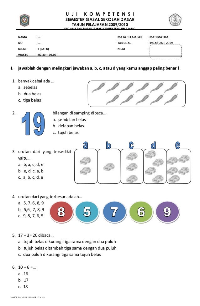 contoh soal hitungan sd kelas 1