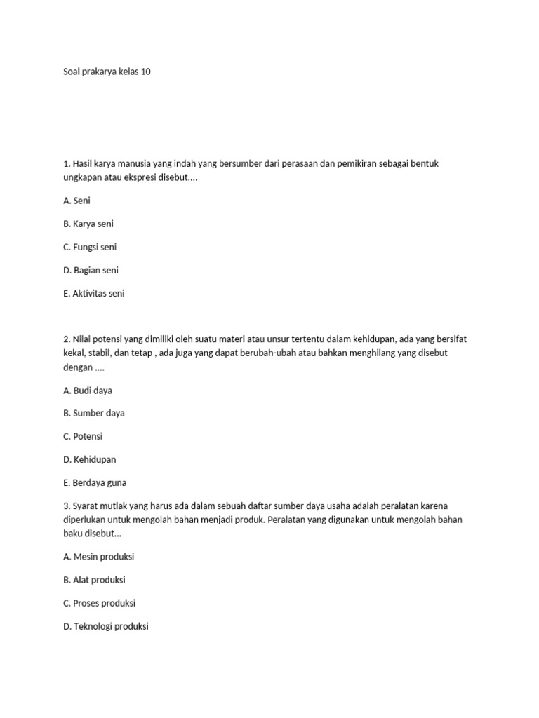 Soal Prakarya Kelas 10 Semester 1 PDF